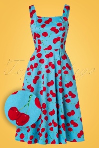 Hearts & Roses - 50s Martina Cherry Sun Swing Dress in Aqua Blue 3