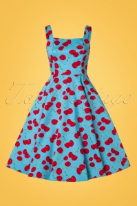 Hearts & Roses - 50s Martina Cherry Sun Swing Dress in Aqua Blue 4
