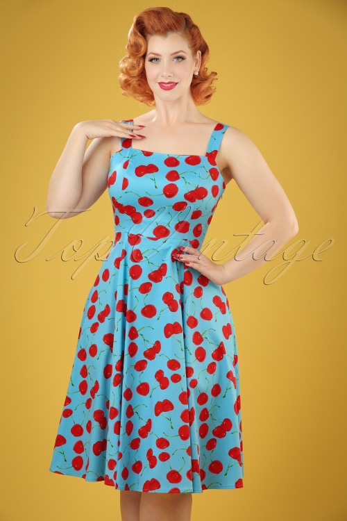 Hearts & Roses - 50s Martina Cherry Sun Swing Dress in Aqua Blue 2