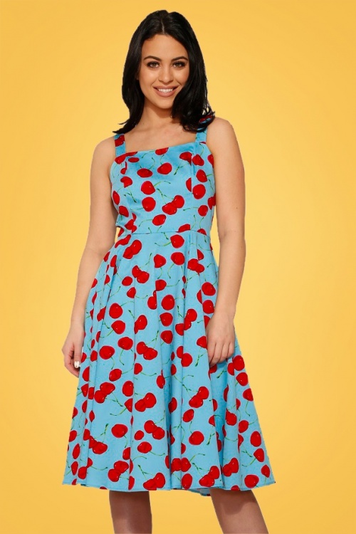 Hearts & Roses - 50s Martina Cherry Sun Swing Dress in Aqua Blue 9