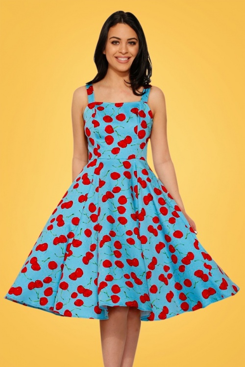 Hearts & Roses - Martina Cherry Sun Swing Dress Années 50 en Bleu Aqua 8