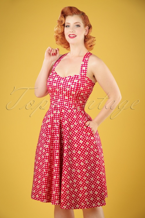 Vintage Chic for Topvintage - Judith geruite swingjurk in rood en wit