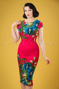 Vintage Chic for Topvintage - 60s Aloha Tropical Garden Short Sleeves Pencil Dress in Hot Pink 2
