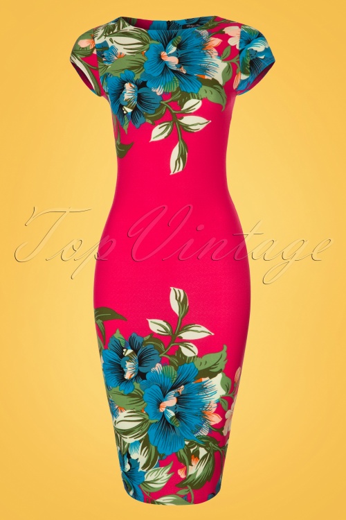 Vintage Chic for Topvintage - Aloha Tropical Garden Pencil Dress en Rose Vif