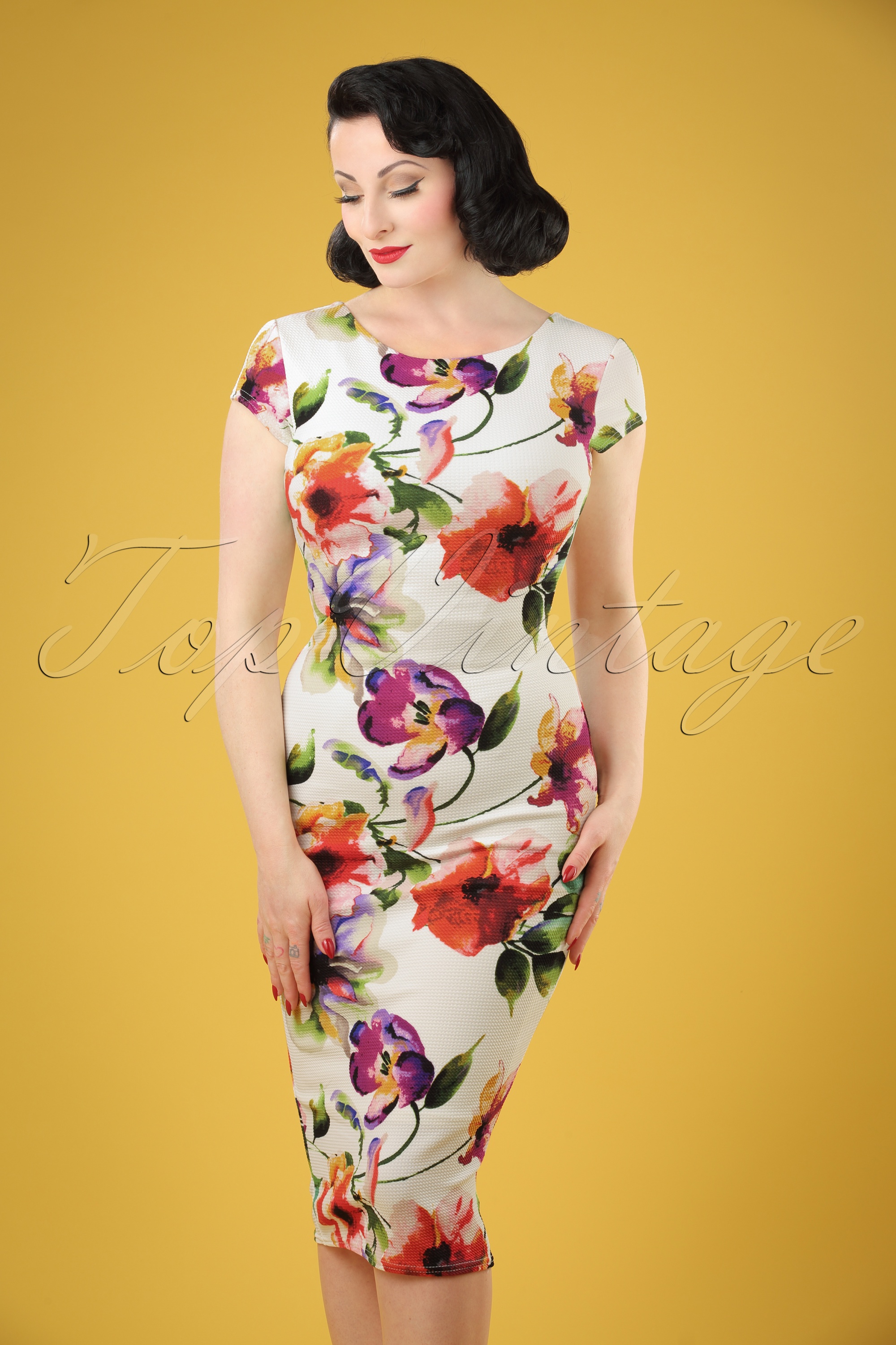 Vintage Chic for Topvintage - Marcia bloemenpiqué penciljurk in ivoor