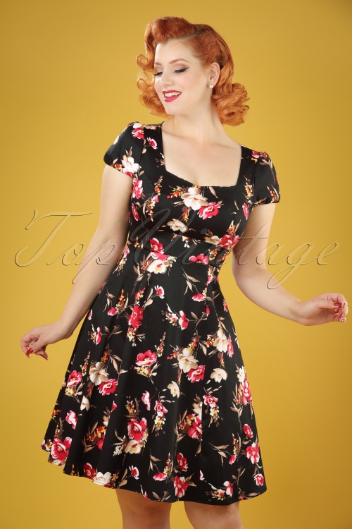 Dolly and Dotty - Claudia Floral Swing Dress Années 50 en Noir