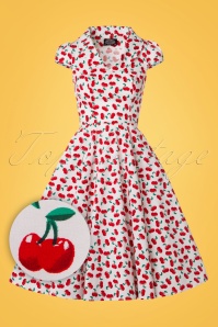 Hearts & Roses - 50s Blossom Cherry Swing Dress in White 2