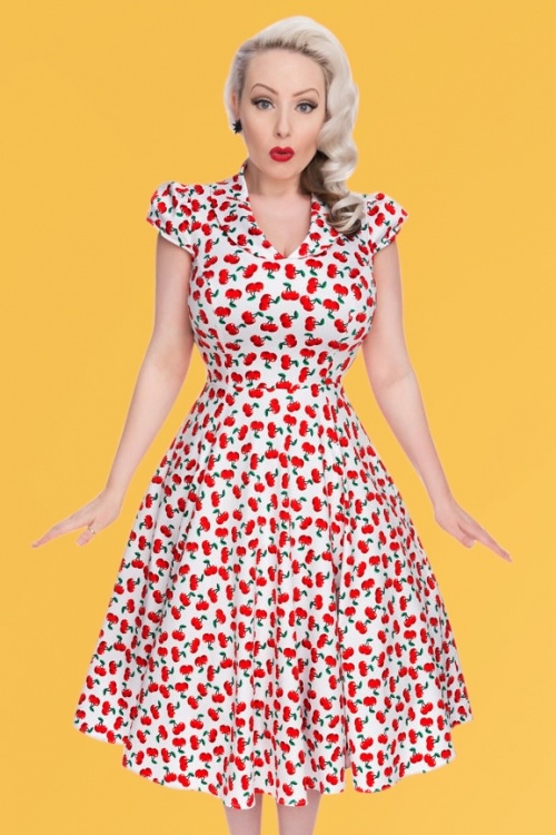 Hearts & Roses - 50s Blossom Cherry Swing Dress in White 8
