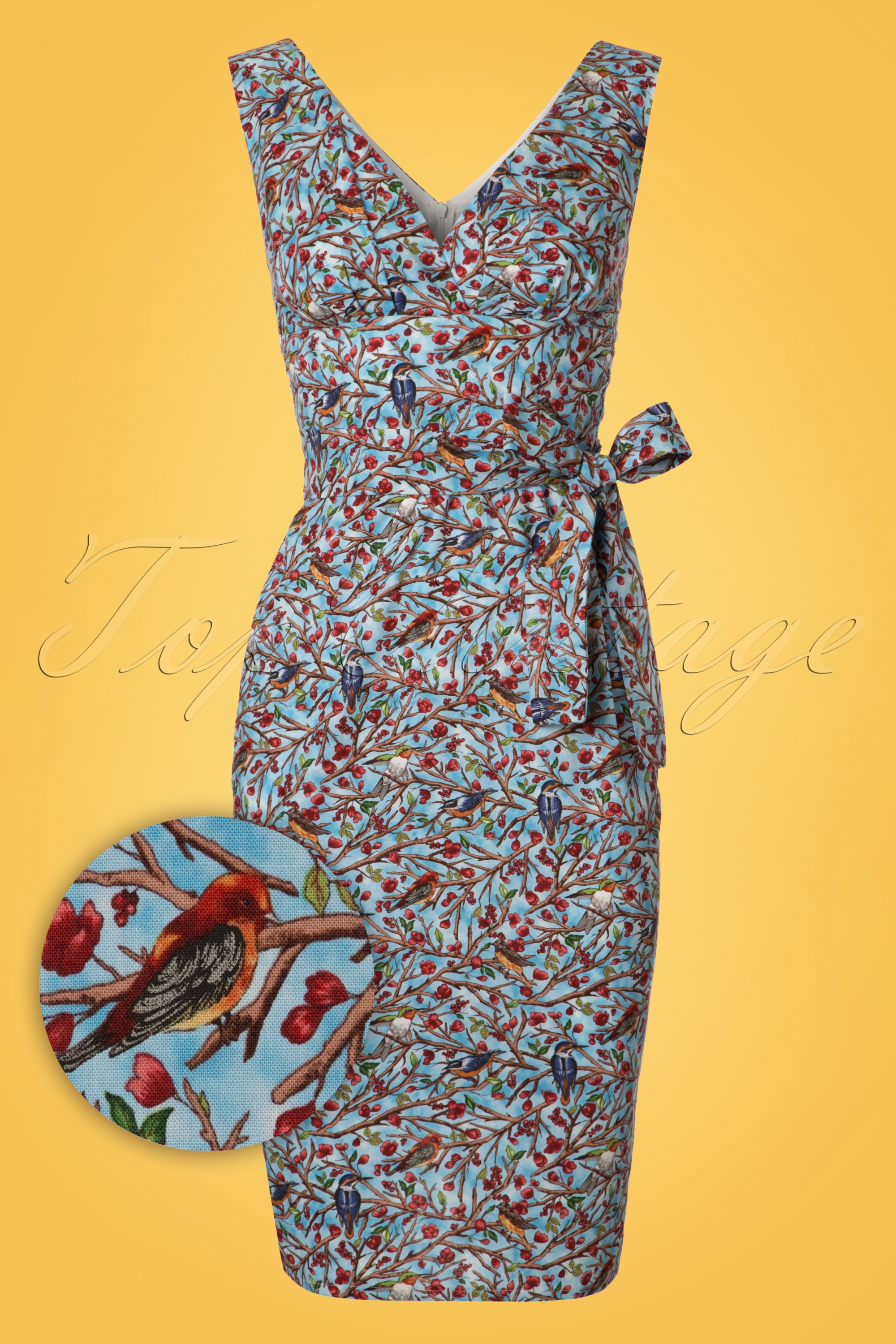 Victory Parade - Exclusief TopVintage ~ Rita Blue Bird Pencil Dress in hemelsblauw 2