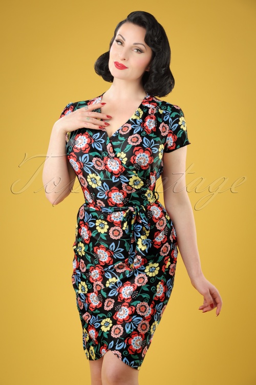 Yumi - 60s Moroccan Floral Wrap Dress in Black