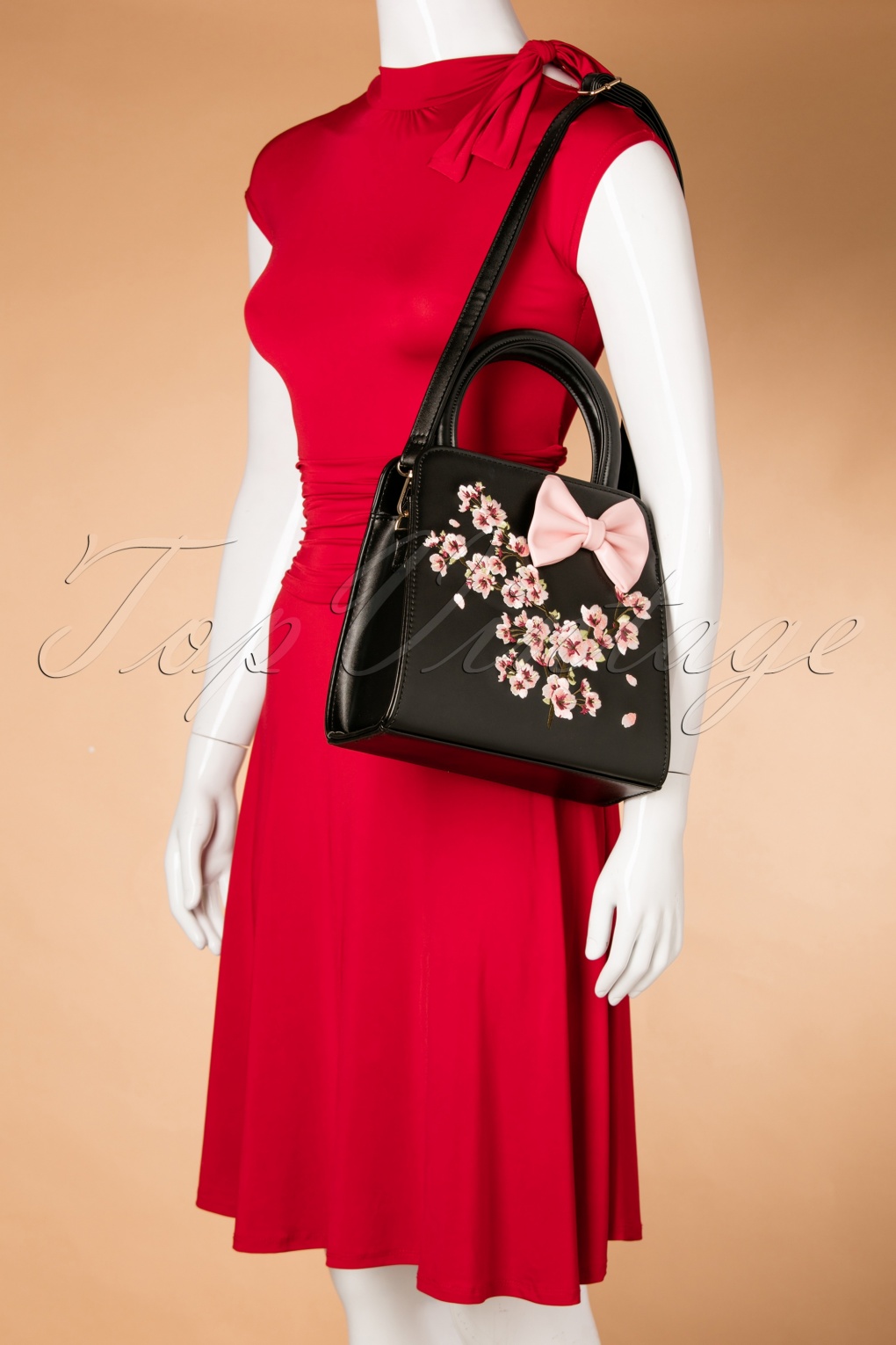 Carla Blossom Bow Handbag Années 50 En Noir Et Rose