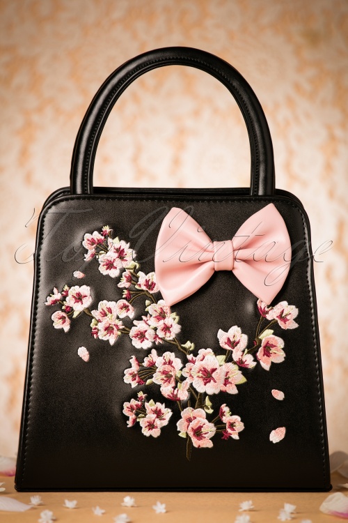 Banned Retro - Carla Blossom Bow Handbag Années 50 en Noir et Rose