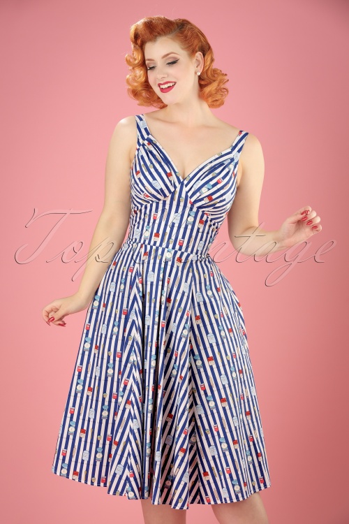 Miss Candyfloss - 50s Odessa Bake Swing Dress in Navy Stripes