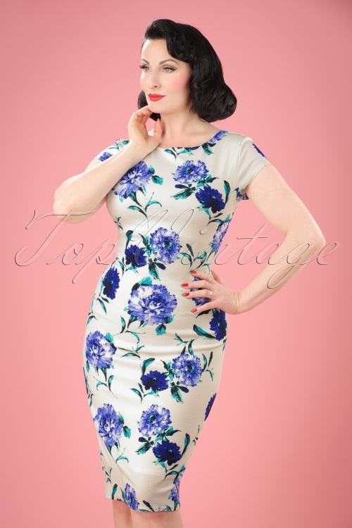 Vintage Chic for Topvintage - Marcia Bleistiftkleid mit Blumenmuster in Elfenbein