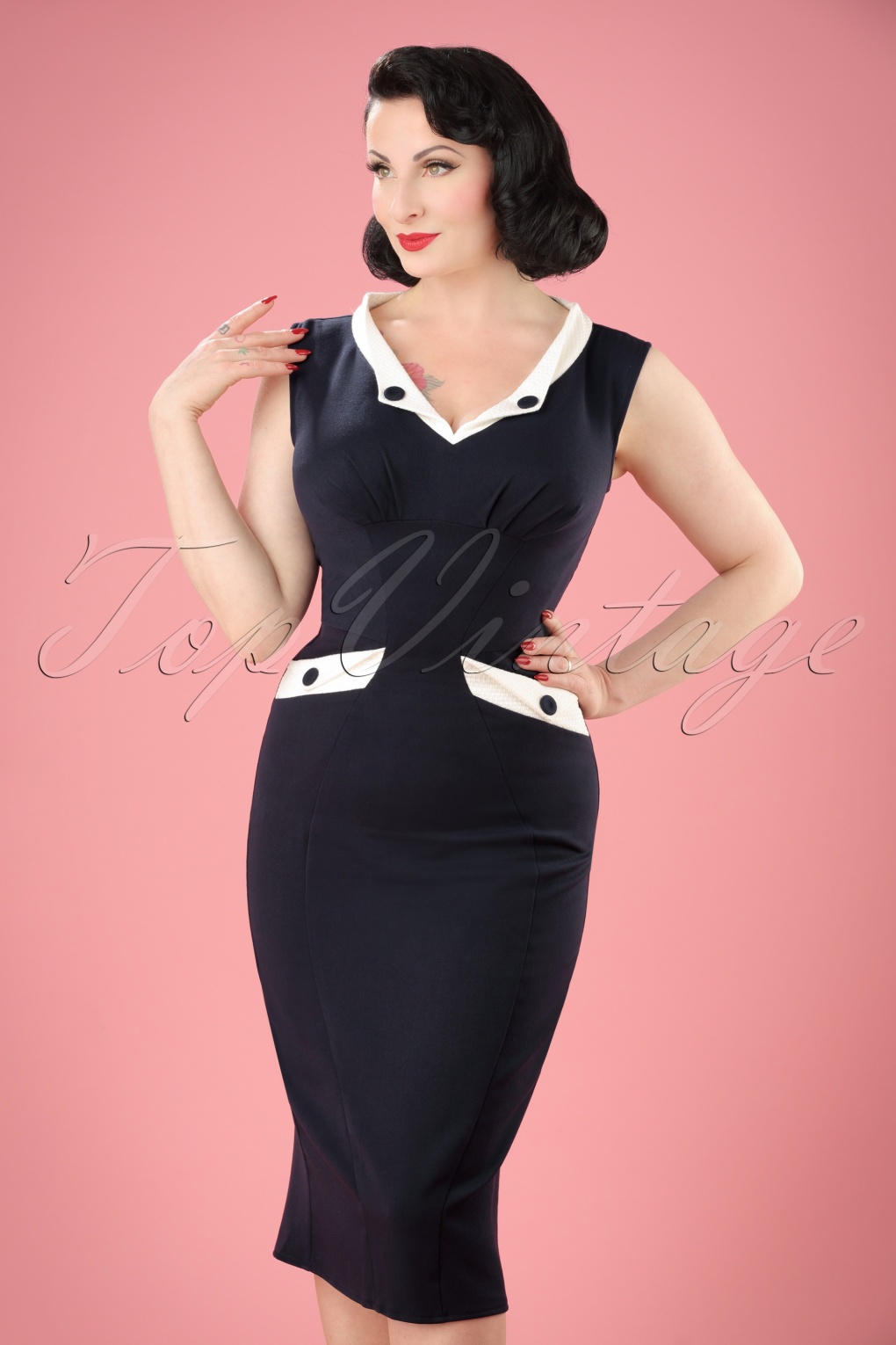 50s Signe Lee Pencil Dress in Navy and White