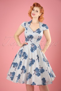 Bunny - 50s Lori Roses Swing Dress in Blue and White