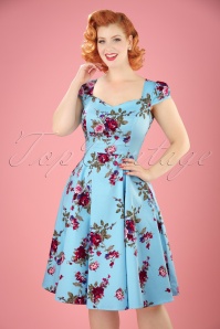 Hearts & Roses - Bonnie Floral Swing Dress Années 50 en Bleu Clair