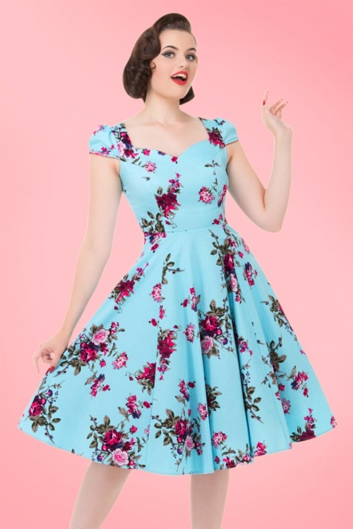 50s Bonnie Floral Swing Dress in Light Blue