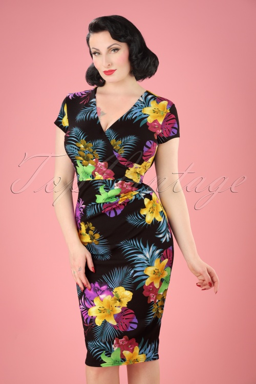 Vintage Chic for Topvintage - Madeline Floral Pencil Dress Années 50 en Noir