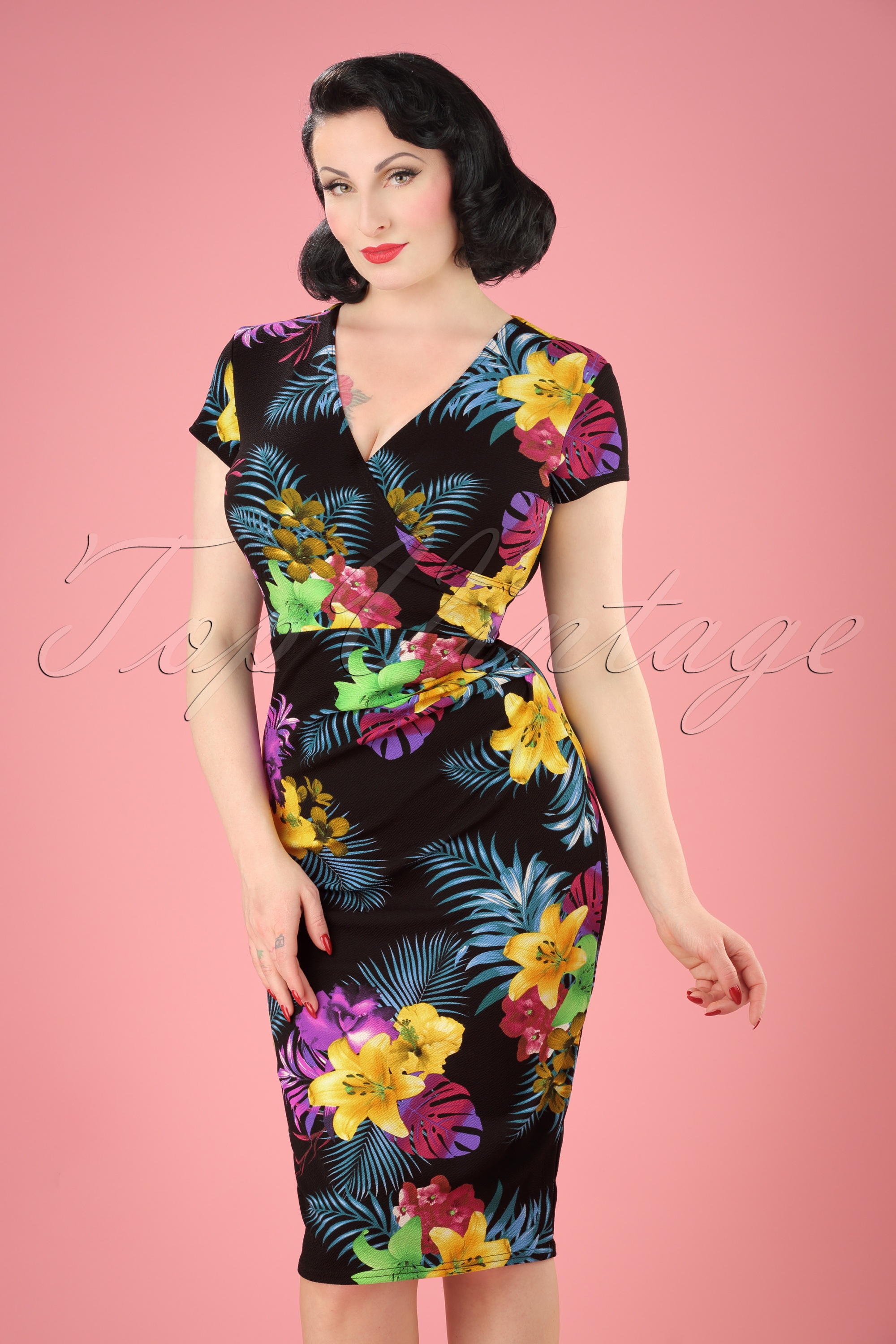 Vintage Chic for Topvintage - Madeline penciljurk met bloemenprint in zwart