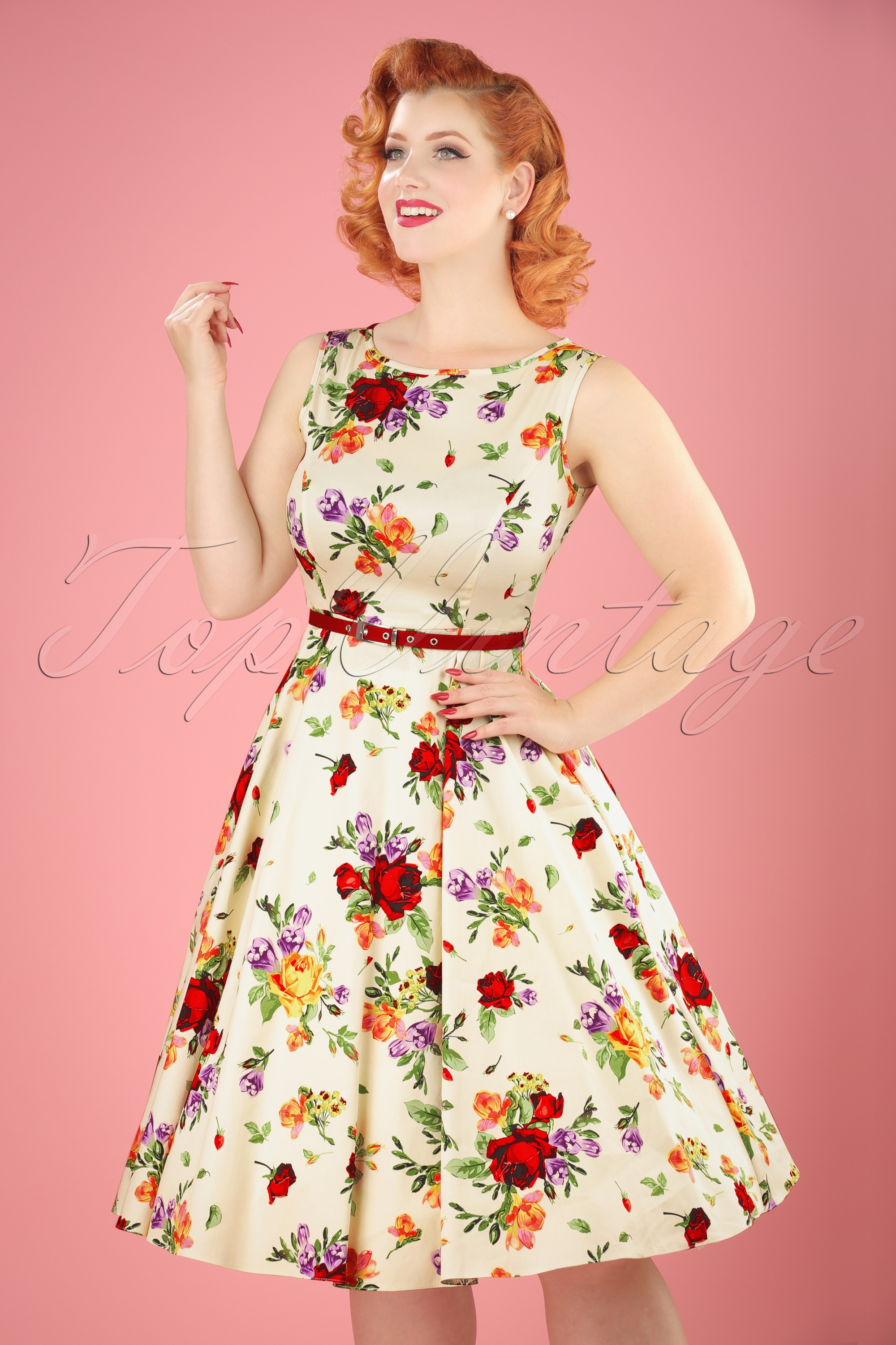 Lady V by Lady Vintage 50s Hepburn Roses Swing Dress in Cream Shop at Topvintage