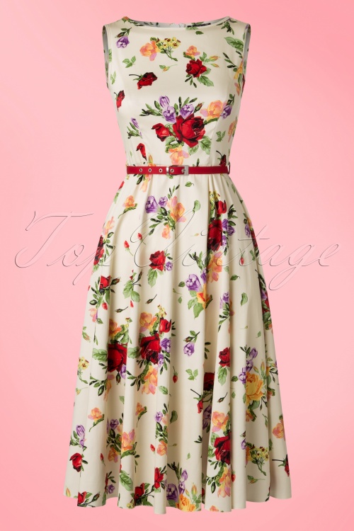 Lady V by Lady Vintage - 50s Hepburn Roses Swing Dress in Cream 3