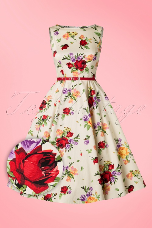 Lady V by Lady Vintage - 50s Hepburn Roses Swing Dress in Cream 2