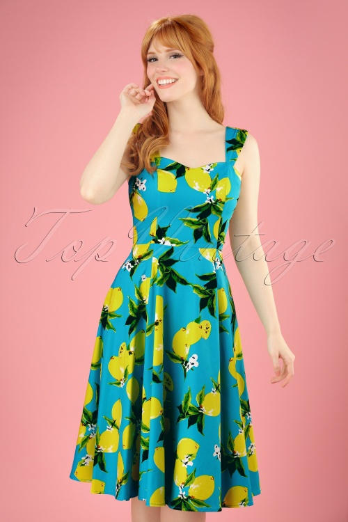 Hearts & Roses - 50s Nancy Lemon Swing Dress in Aqua Blue