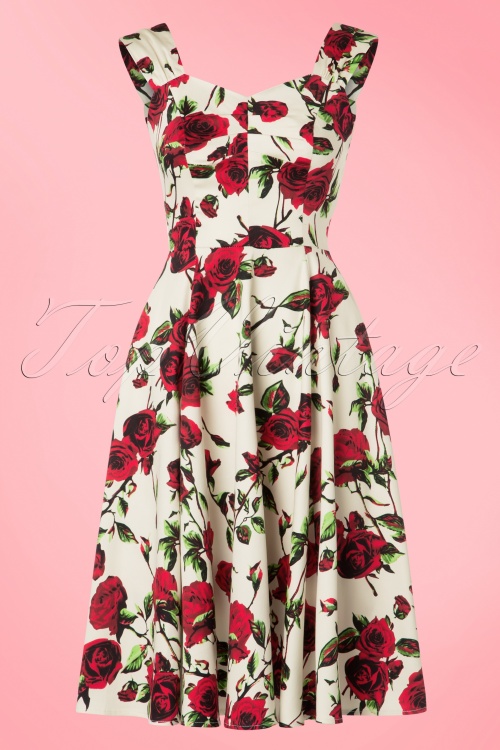 Hearts & Roses - 50s Ditsy Roses Swing Dress in Ivory 3