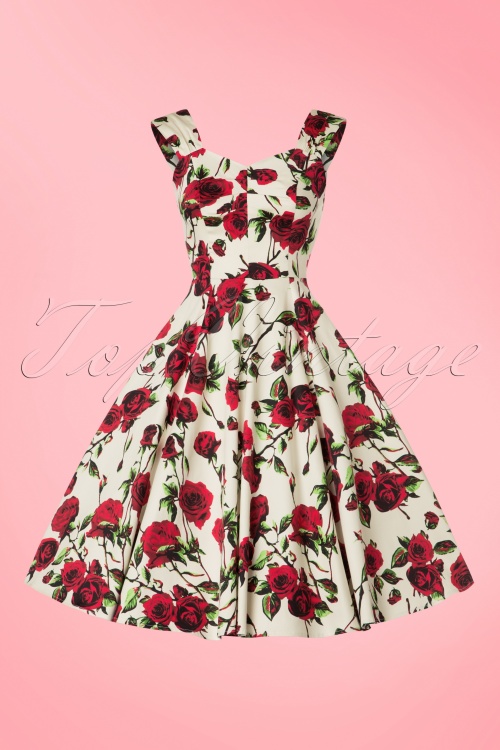 Hearts & Roses - 50s Ditsy Roses Swing Dress in Ivory 2