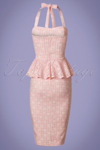 Vintage Chic for Topvintage - Rachel geruite halterpenciljurk in roze en wit 6