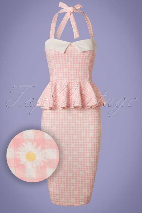 Vintage Chic for Topvintage - Rachel geruite halterpenciljurk in roze en wit 2
