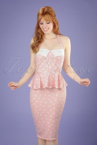 Vintage Chic for Topvintage - Rachel geruite halterpenciljurk in roze en wit