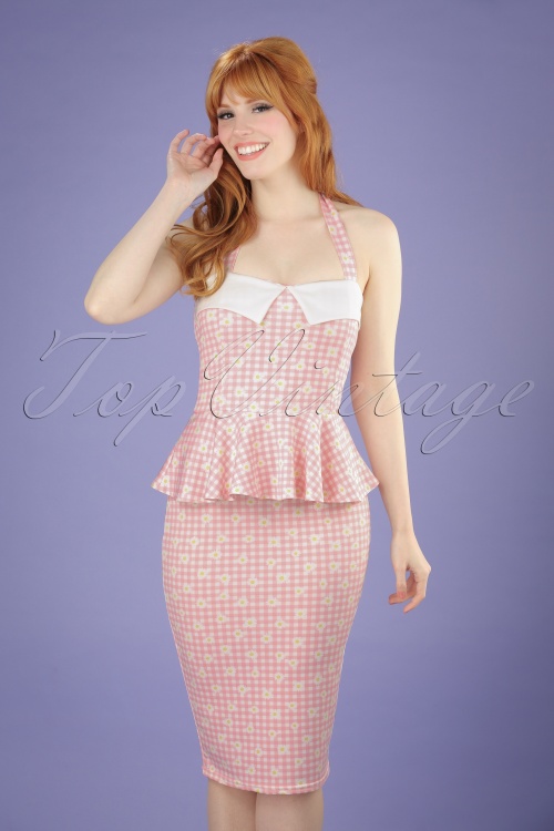 Vintage Chic for Topvintage - Rachel kariertes Neckholder-Bleistiftkleid in Pink und Weiß 3