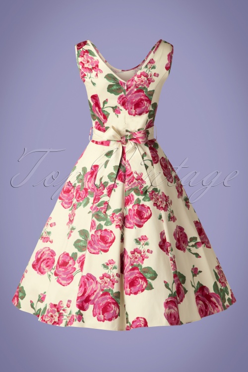 Lady V by Lady Vintage - Charlotte Pink Rose-jurk in crème 6
