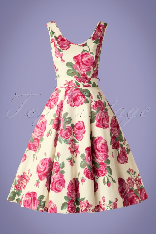Lady V by Lady Vintage - Charlotte Pink Rose-jurk in crème 2