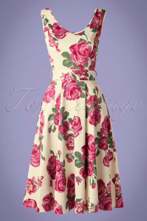 Lady V by Lady Vintage - 50s Charlotte Pink Rose Dress in Cream 3