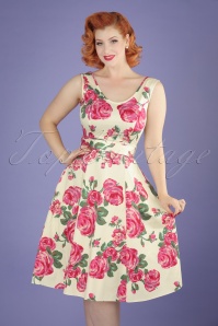 Lady V by Lady Vintage - Charlotte Pink Rose-jurk in crème