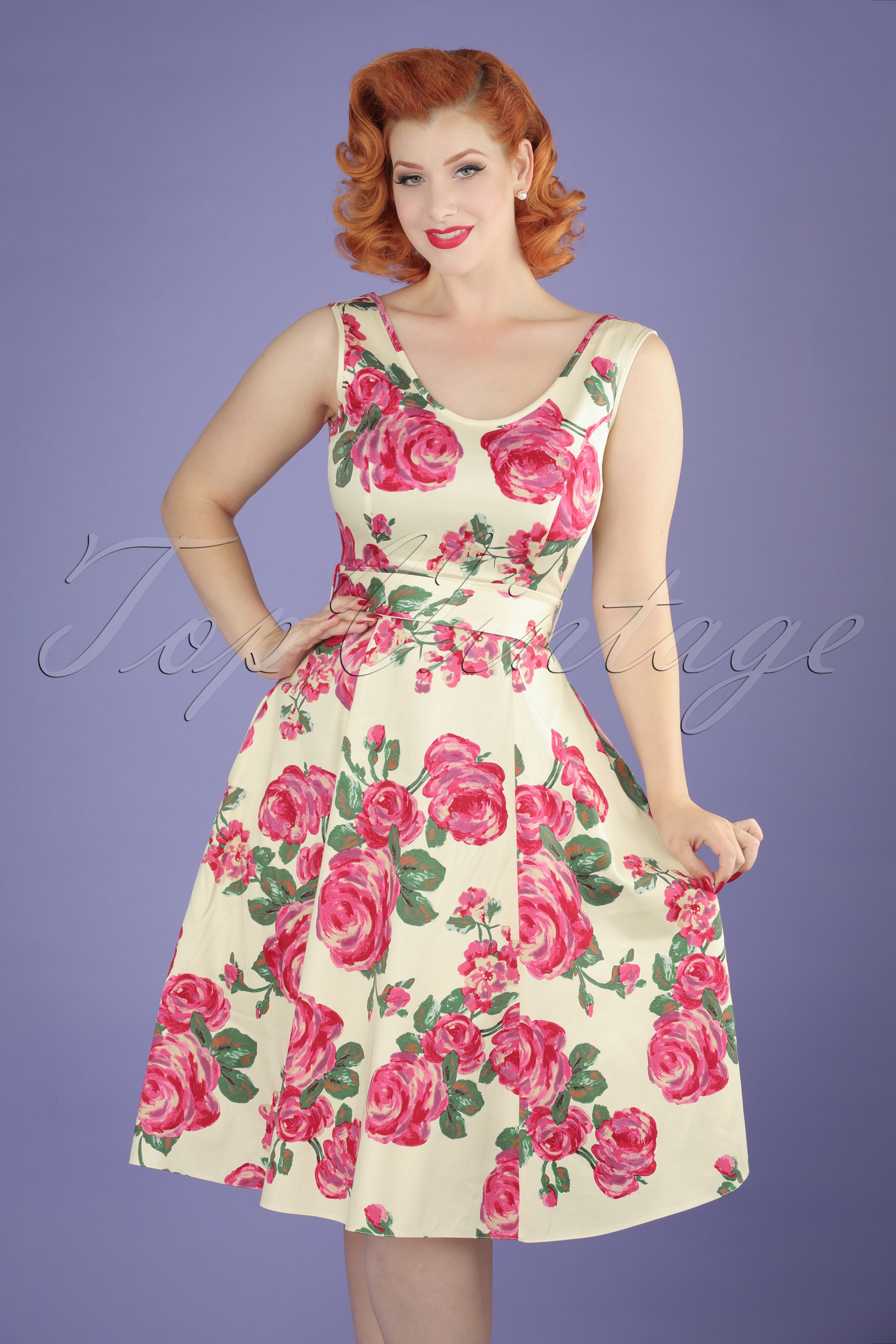 Lady V by Lady Vintage - Charlotte Pink Rose-jurk in crème