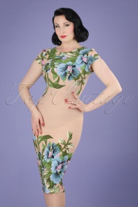 Vintage Chic for Topvintage - 60s Aloha Tropical Garden Short Sleeves Pencil Dress in Nude 2
