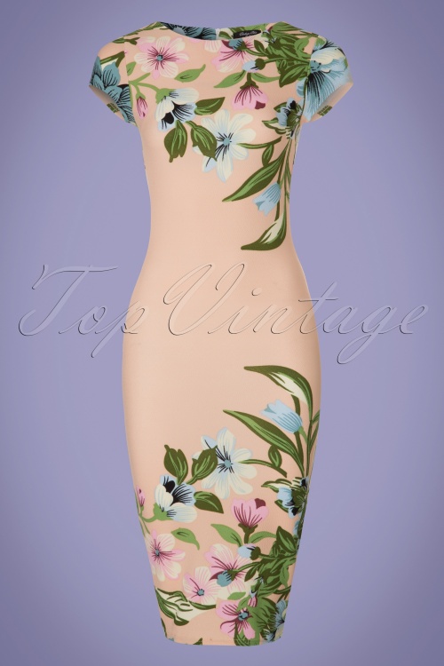 Vintage Chic for Topvintage - 60s Aloha Tropical Garden Short Sleeves Pencil Dress in Nude