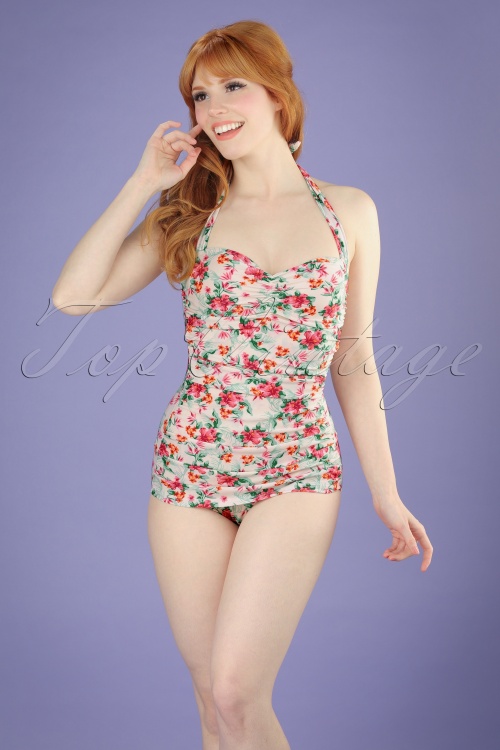 Bettie Page Swimwear - Romantischer Badeanzug mit Blumenmuster in Creme 3