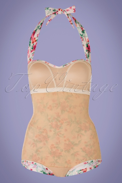 Bettie Page Swimwear - 50s Romance Floral One Piece Swimsuit in Cream 6