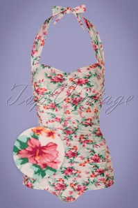 Bettie Page Swimwear - Romance Floral One Piece Swimsuit Années 50 en Crème