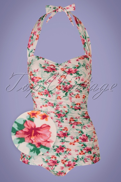 Bettie Page Swimwear - 50s Romance Floral One Piece Swimsuit in Cream