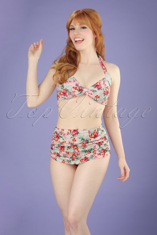 Bettie Page Swimwear - 50s Romance Floral One Piece Swimsuit in Cream