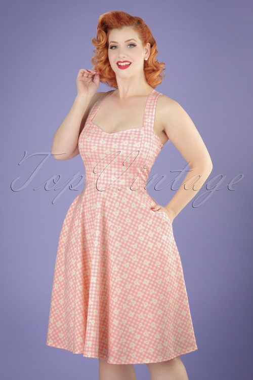 Vintage Chic for Topvintage - Judith Checked Swing Dress Années 50 en Rose et blanc