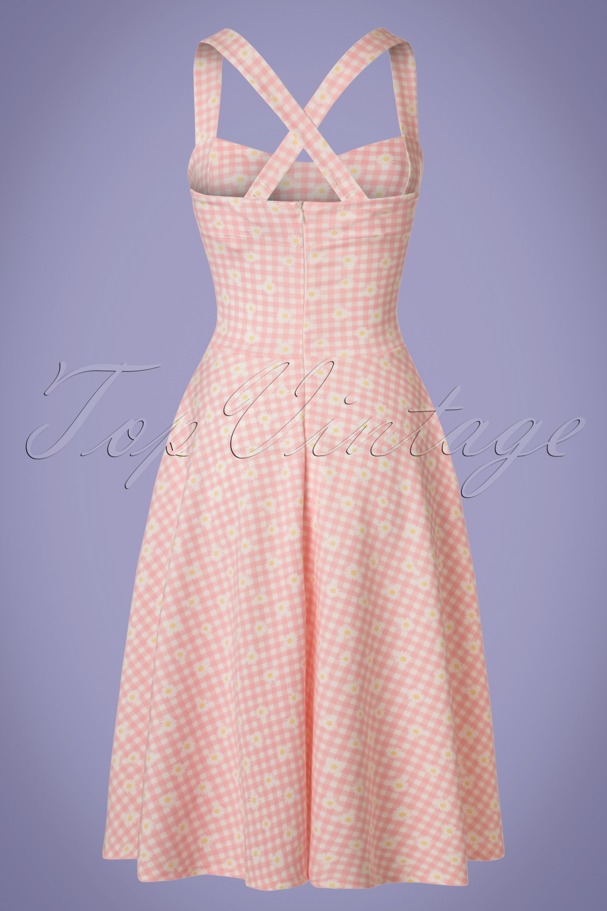 Vintage Chic for Topvintage - Judith geruite swingjurk in roze en wit 4