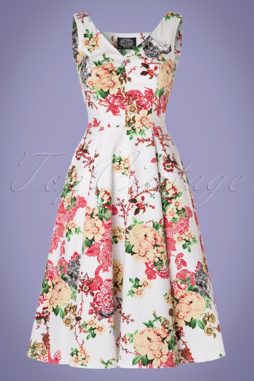 Hearts & Roses - 50s Susan Floral Swing Dress in White 2