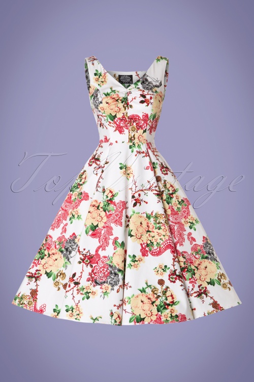 Hearts & Roses - 50s Susan Floral Swing Dress in White 3
